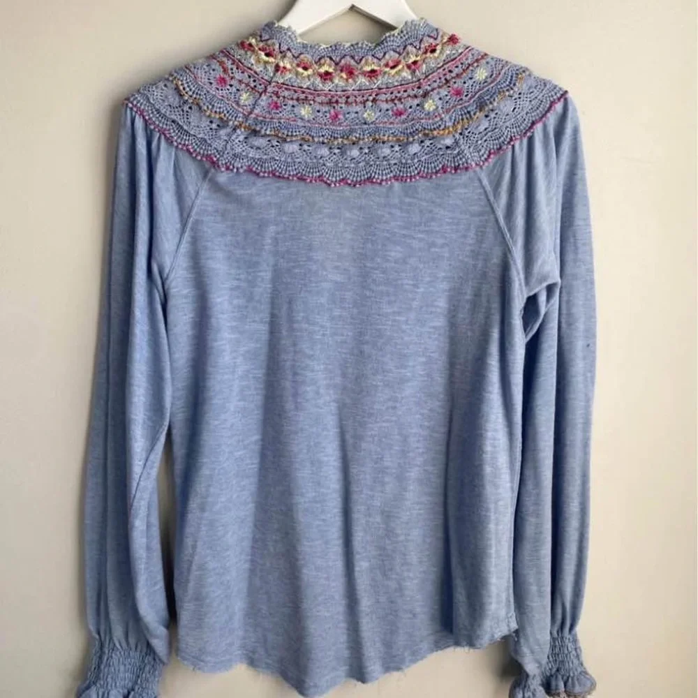Free People Spring Fiesta Siesta Blue Blouse with Bohemian Embroidery - Picture 2 of 7